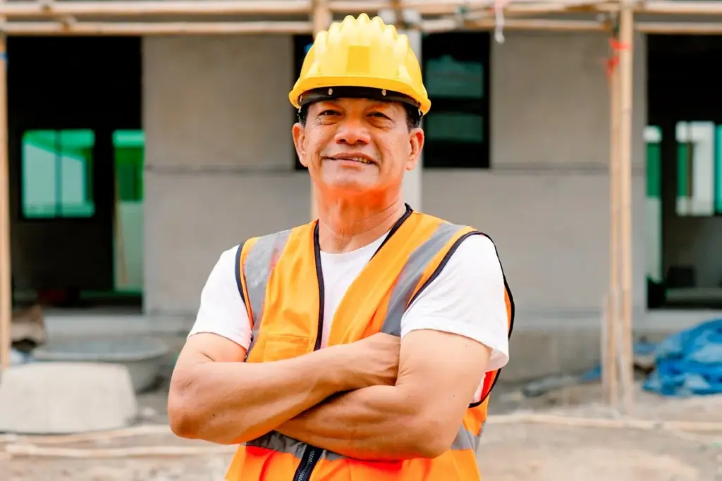 Trabajador de construcción con equipo de seguridad, en referencia a la compensación laboral en Massachusetts.